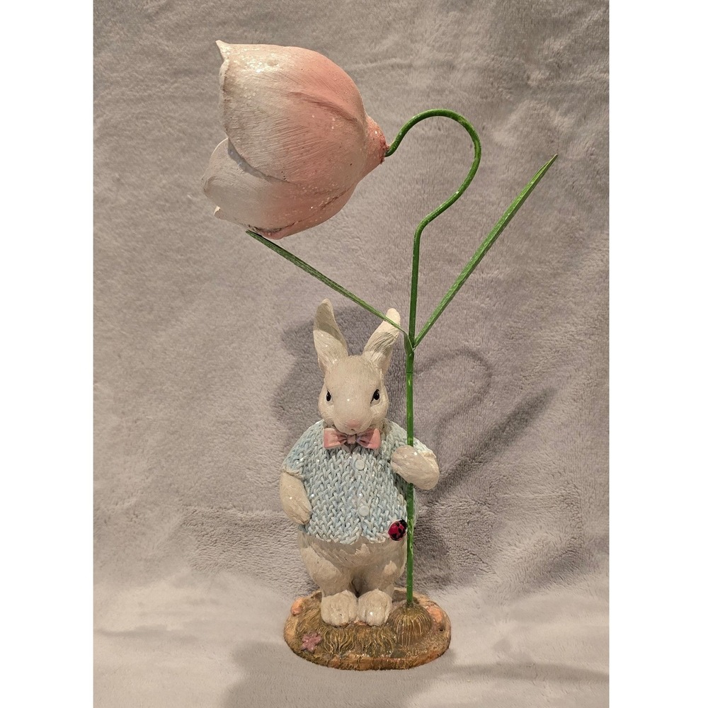 Easter Bunny Figurine with Pink Tulip Flower and Blue Sweater 11 Inch Spring